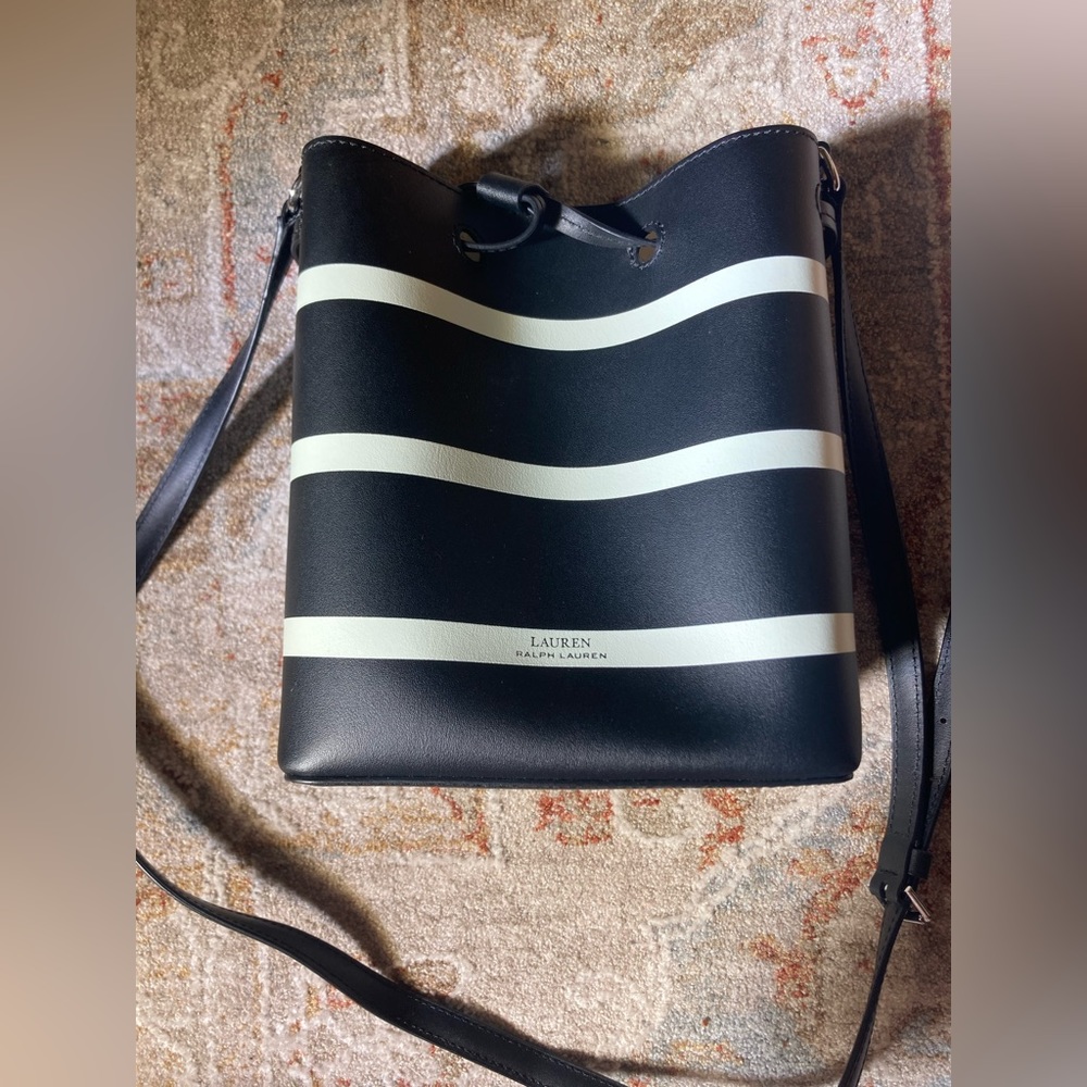 Ralph Lauren Black & White Striped Leather Bucket Purse